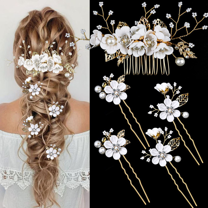 5 PCS Bridal Flower Wedding Hair Pins Crystal Pearl Hair Clips Headpiece Gold Wedding Hair Accessories Jewelry with Rhinestone for Brides Bridesmaids
