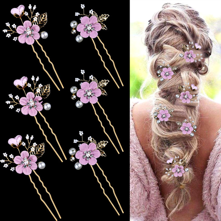 6 Pcs Bridal Flower Wedding Hair Pins Crystal Pearl Hair Pins Clips Headpiece Gold Wedding Hair Accessories Jewelry with Rhinestone for Brides Brides