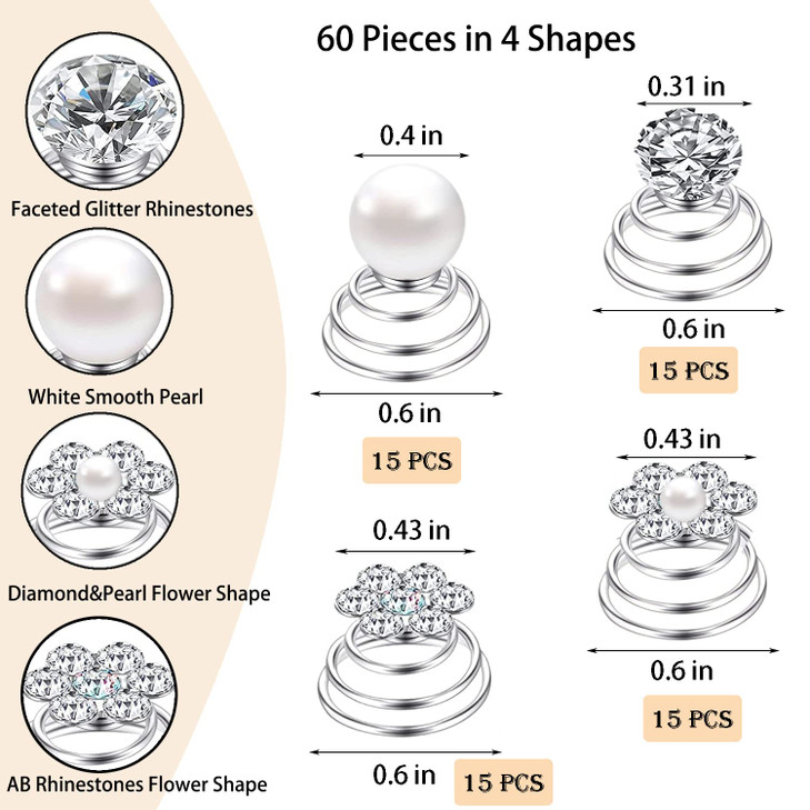 60 PCS 4 Shapes Gems Rhinestone Twister Hair Studs Set Diamond Spiral Pearl Flower Jewels Hair Pins Sticks for Wedding, Bridal, Prom, Party and Speci