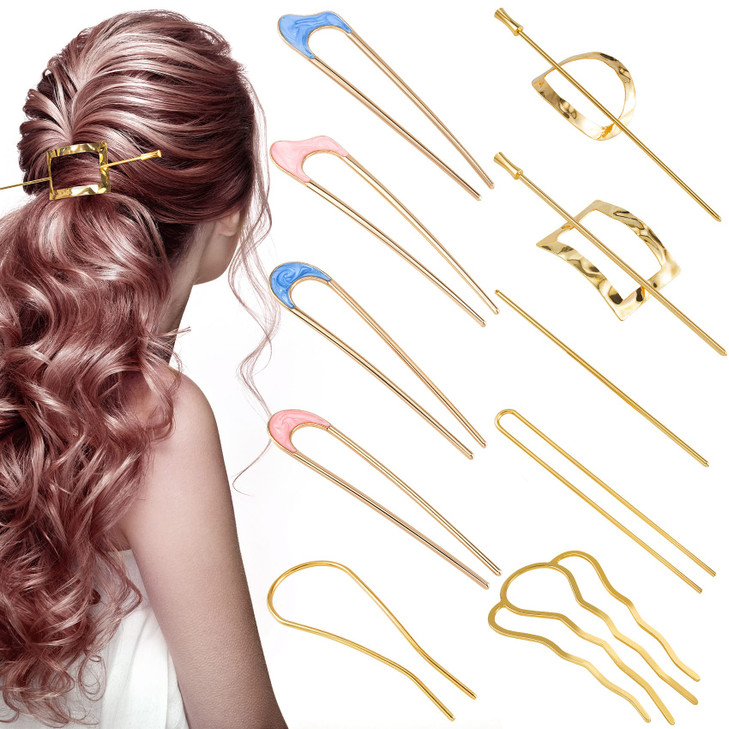 OIIKI U Shaped Hair Pins 10pcs, Metal French Hair Pins, Gold Hairpins Hair Fork Stick Oval Side Comb for Buns Women Girls Hair Styling Tool Accessori