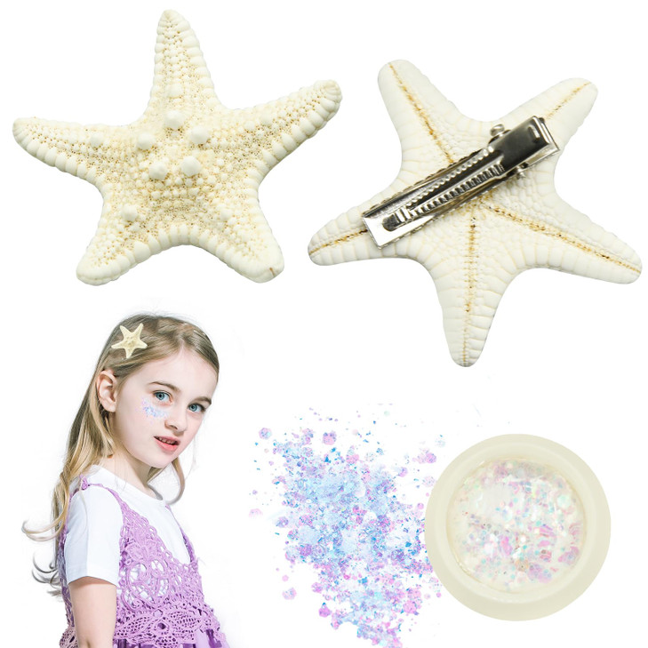 3Pcs Starfish Hair Clip Set, Mermaid Hair Accessories and Makeup Glitter Sequin Seashell Hair Clips, Mermaid Hair Clips Starfish Hair Accessories She