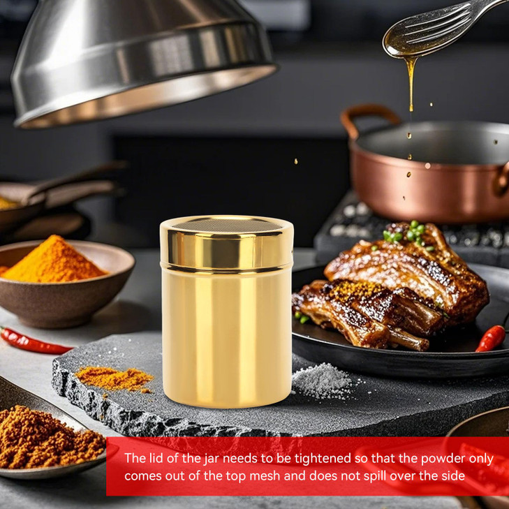 Stainless Steel Dredge Shaker, Powder Sugar Dispenser Fine Mesh Powder Sugar Shaker with Lid Gold Salt and Pepper Shakers for Kitchen Powdered Sugar