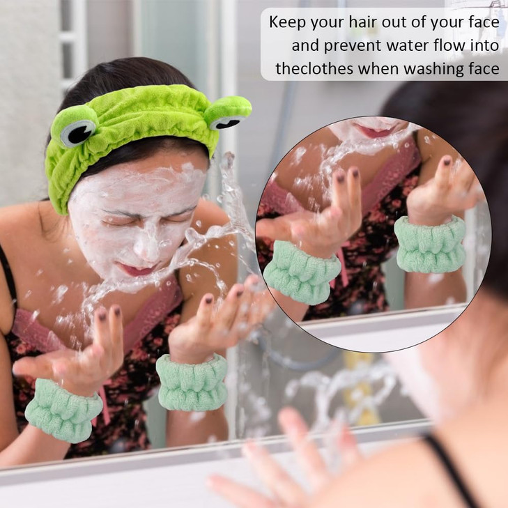 AHONEY Frog Headband Skin care Headbands and Wristbands Cute Spa Wrist Band Fluffy Hand Cuffs Women Girls Kids Facial Makeup Accessories Costume Part