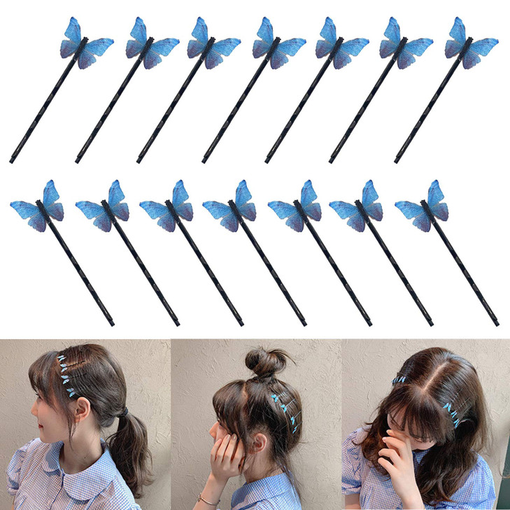DIYstore 24 Pcs Blue Butterfly Hair Clips Mini Bangs Clips Non-Slip Hair Clips Barrette Clip Hair Accessories for Girls and Women