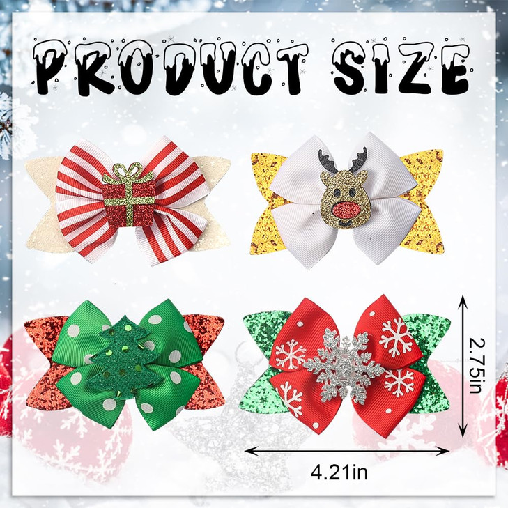ALIBBON 8 Pcs Christmas Hair Bows for Girls, Glittering Christmas Tree Snowflake Hair Clips for Woman, Reindeer Hairpins for Kids, Christmas Hair Acc