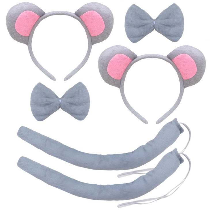 Halloween Mouse Ears Headband Bow Tie Tail Gray Mouse Hair Hoops Bands Women Bowtie Animal Headpiece Hairband Christmas Cosplay Holiday Festival Para