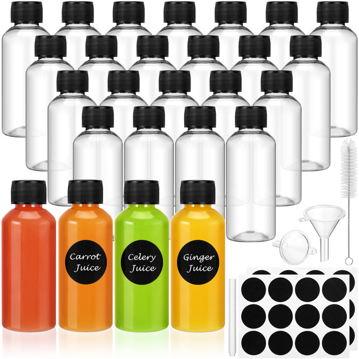 Revahope 16 Pack 2 oz Shot Bottles with Caps, Mini Reusable Plastic Ginger Shots Bottle Leakproof Juice Shot Bottles with Lids for Juice, Oil and Liq