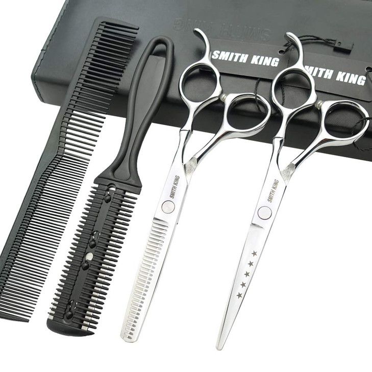6.0 Inches Hair Cutting Scissors Set with Combs Lether Scissors Case,Hair cutting shears Hair Thinning shears For Personal and Professional (Silver)