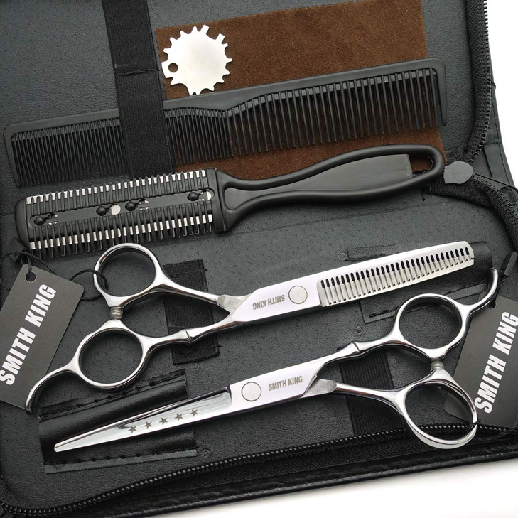 6.0 Inches Hair Cutting Scissors Set with Combs Lether Scissors Case,Hair cutting shears Hair Thinning shears For Personal and Professional (Silver)