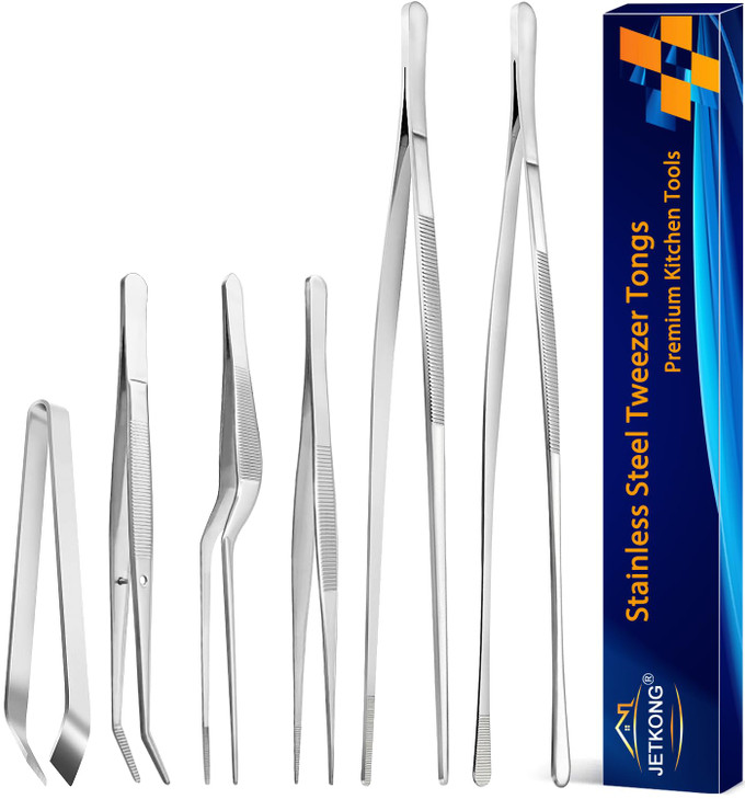 JETKONG 6 Pcs Cooking Tweezer Tongs, 12'' and 6.3" Stainless Steel Kitchen Tweezer Set, Professional Chef Tweezers for Cooking, Repairing, Sea Food,