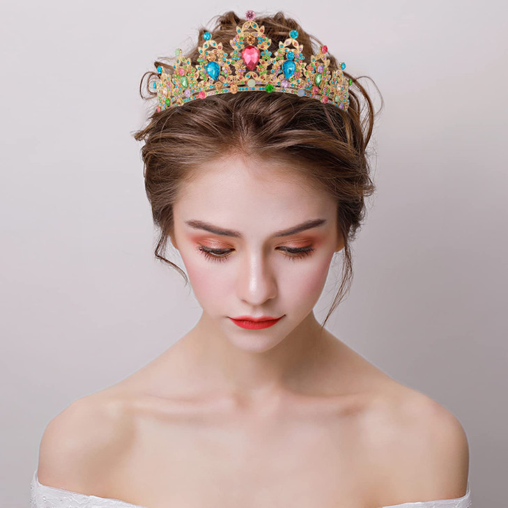 SuPoo Tiaras for Women Birthday Crown Gold Crown Colorful Rhinestone Princess Tiara Metal Queen Crown for Women Headband Hair Accessories Gifts Party
