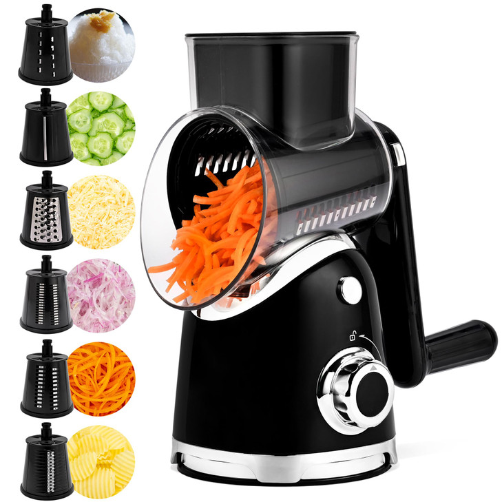 SUSTEAS Rotary Cheese Grater with Handle,Vegetable Slicer with 6 Interchangeable Blades, Reinforced Suction,Easy to Clean,Kitchen Shredder for Crushe