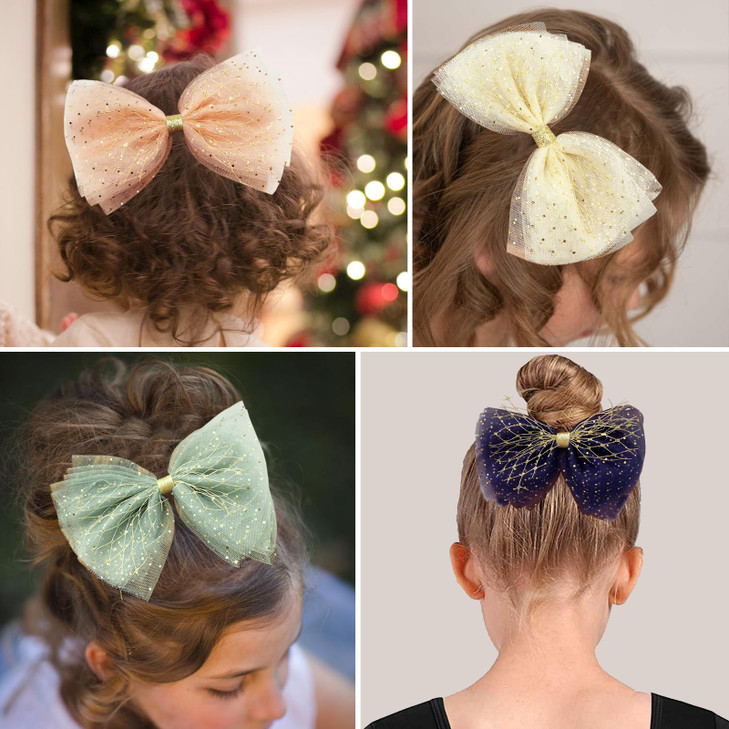PRETTYLIFE Big Tulle Hair Bows for Girls, 4 Pieces Cute Glitter Polka Dots Mesh Alligator Hair Clips Accessories 5.9" for Kids Teens (Multi-colored -