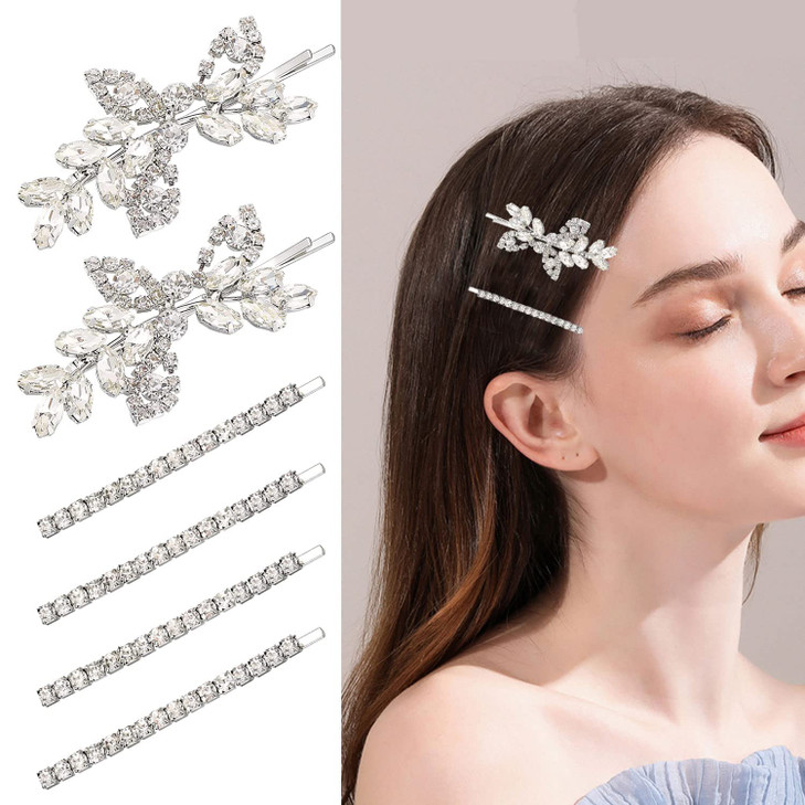 6 Pieces Rhinestone Bridal Hair Clips Leaf Wedding Hair Pins Crystal Bobby Pins Silver Hairpin Jewelry Barrette for Brides Bridesmaids Flower Girls