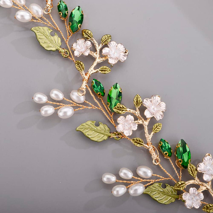 BERYUAN Bridal Cute Flowers Headband for Bride Bridesmaid Green leaf Crystal Hair Piece Beads Hair Vine
