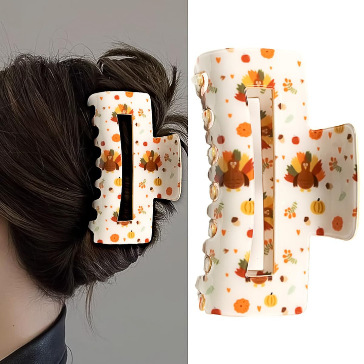 Thanksgiving Square Claw Clips for Women Girls, Fall Harvest Turkey Design Hair Clips for Thin Thick Hair Strong Hold Hair Barrettes Clamp Hair Styli