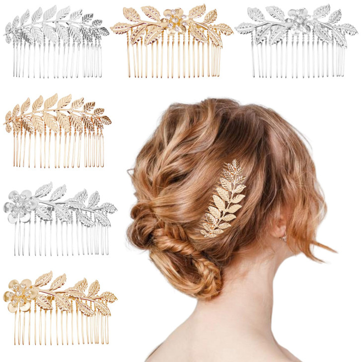 6 PCS Leaf Hair Side Combs Gold Rhinestone Hair Comb Clips with Teeth Wedding Headpiece Hair Accessories for Women, Girls, Bride, Bridesmaid(Gold and