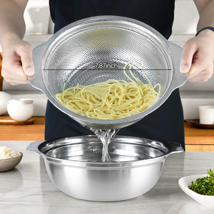 POPGRADE Stainless Steel Colander for Kitchen, 2.5QT Rice Washer Strainer with Mixing Bowl, Colander Bowl Set with Microporous for Washing Rice, Past