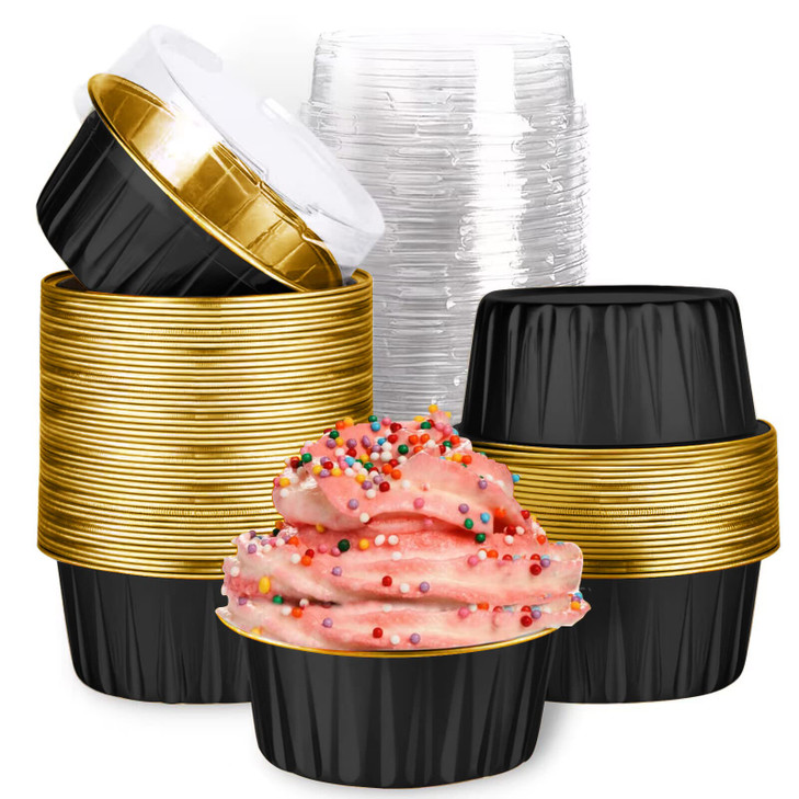 Mini Aluminum Foil Cupcake Baking Cups with Lids (40pcs, 5oz) Round Cupcake Foil Liners Tart Pie Tin Pan Holder - Disposable Mini Cake Containers Fla