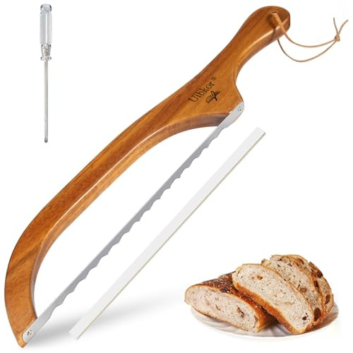 Uibkor Wooden Bread Bow Knife, 16" Serrated Sourdough Cutter, Premium Stainless Steel Serrated Saw Bread Cutter, Bread Slicer, Bagel Slicer Knife for