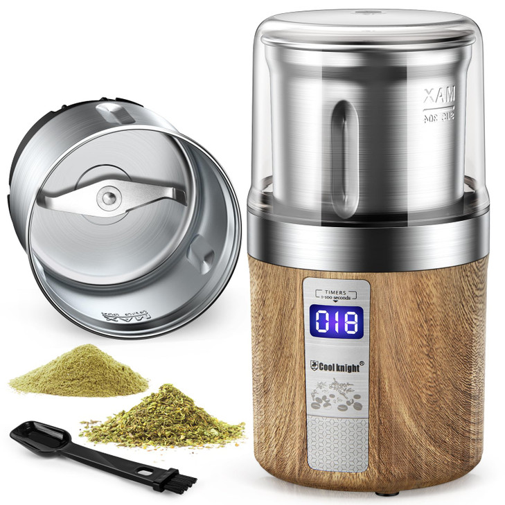 COOL KNIGHT Herb Grinder, Spice Grinder, Electric Grinder with Timer, 304 Stainless Steel Blades and Removable Stainless Steel Bowl, Large Capacity f