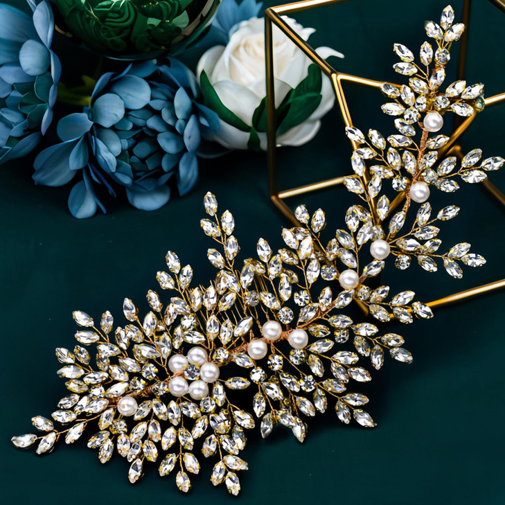 AMORARSI Crystal Wedding Hair Comb Bridal Hair Accessories Pearl and Rhinestone Bridal Side Combs for Women and Girls (Gold)