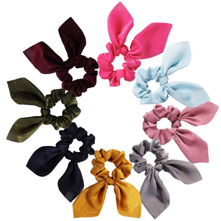 Solid Colors Hair Scrunchies Cute Bunny Ears Hair Ties Ponytail Holders with Bow Women Girls (8 Colors-A)