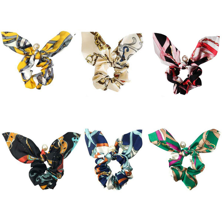 Hair Scrunchies Chiffon Elastic Hair Bands Bowknot Pearls Hair Accessories Hair Bands Silk Satin Scrunchies Bunny Ear Hair Scrunchies for Women,Girls