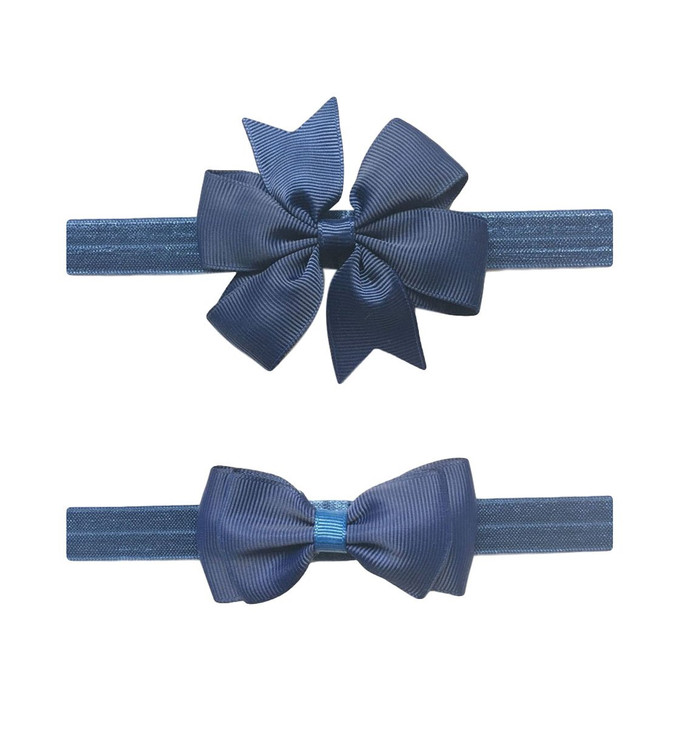 2pc/Set Baby Girls Grosgrain Ribbon Hairband Set Ribbon Bows Hair Tie Headband JB10 (10-Navy Blue)