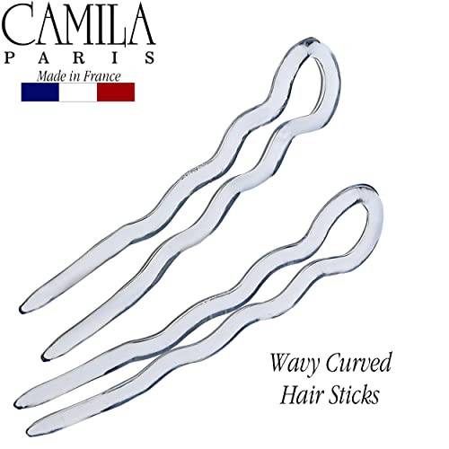 Camila Paris CP3514 French Twist Stick Hair Fork, 2 Medium Wavy U Shaped Hair Pin Clip for Spiral Updo and Bun, Clear, Fashion Flexible Durable Styli