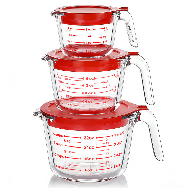 M MCIRCO 6 Pcs Glass Measuring Cups with Lids Set, 1-Cup, 2-Cup, 4-Cup Measuring Jugs with Handle, Nesting Liquid Measuring Cups for Kitchen