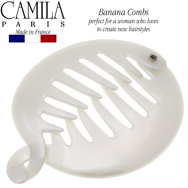 Camila Paris CP3015 3.255 inch French Banana Clip Hair Comb White Round Girls Ponytail Holder Interlocking Banana Combs For Volume Thick Hair. Fashio