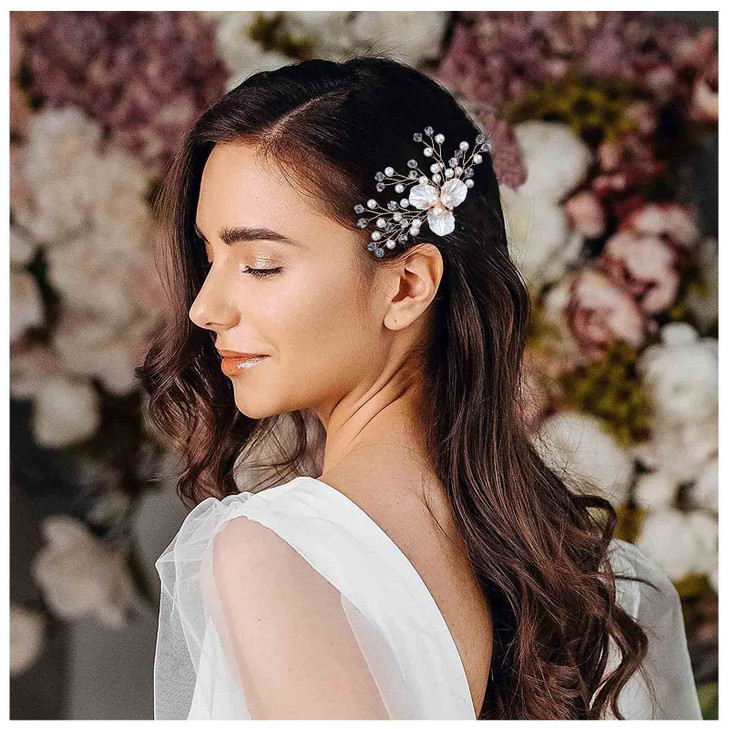 Zeshimb Wedding Flower Hair Pin Crystal Pearl Flower Bridal Hair Pieces Gold Pearl Rhinestone Floral Petal Hair Barrette Headwear Hair Accessories fo