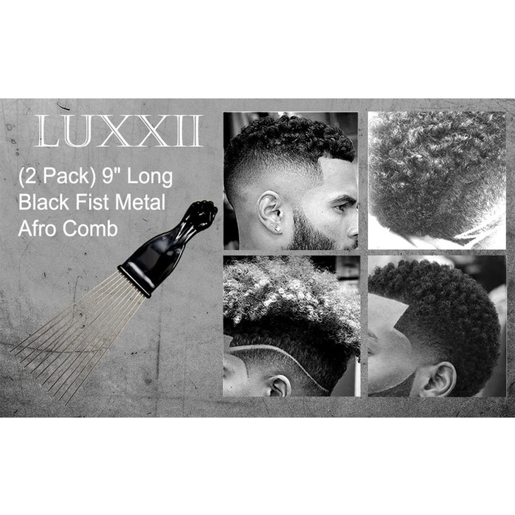 Luxxii (2 Pack) 9" Black Fist Metal Afro Pick Lift Hair Comb Detangle Wig Braid Hair Man Styling Comb
