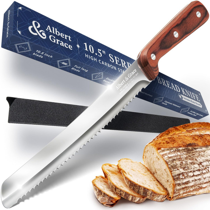 Albert&Grace 10.5-Inch Serrated Bread Knife with Full-Length Sheath  Ultra Sharp, Low-Crumb Slicing for Sourdough, Homemade Bread & Bagels