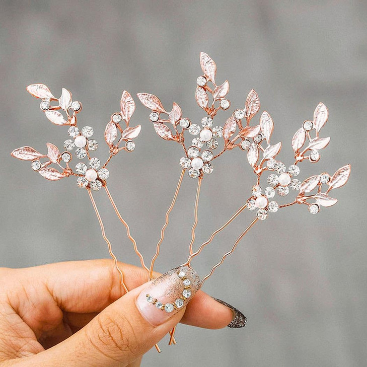 Heread Leaf Bride Wedding Hair Pins Crystal Bridal Head Dress Pearl Hair Accessories for Women and Girls (Pack of 3) (A Rose Gold)