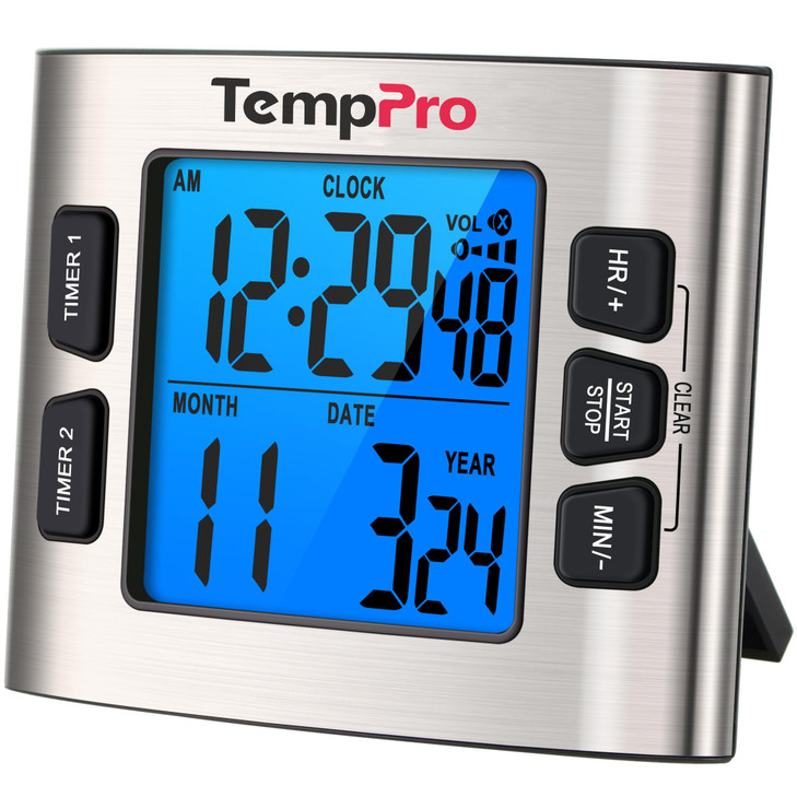 ThermoPro TempPro TM02 24H Digital Timer with Dual Kitchen Timers for Cooking, Magnetic Timer Clock with Adjustable Alarm Volume & LCD Backlit Displa