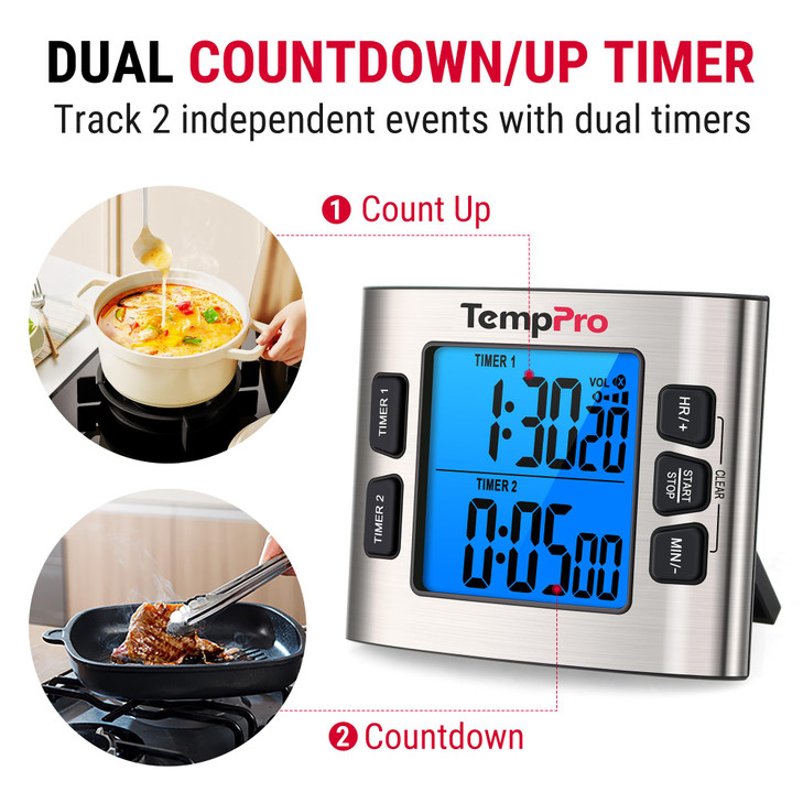 ThermoPro TempPro TM02 24H Digital Timer with Dual Kitchen Timers for Cooking, Magnetic Timer Clock with Adjustable Alarm Volume & LCD Backlit Displa