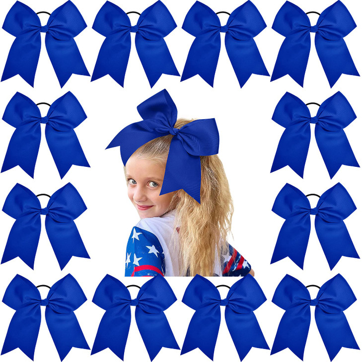 12PCS 8" Large Cheer Bow Blue Ponytail Holder Elastic Band Hair Ties Hair Bow Accessories for Cheerleading Teen Girls High School College Softball Co