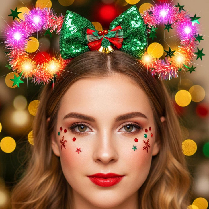 CASDRE Christmas Light up Mouse Ear Headband Xmas Bow Hair Hoop Bell Sparkle Headbands Party Hair Accessories for Women and Girls (B Green Red)
