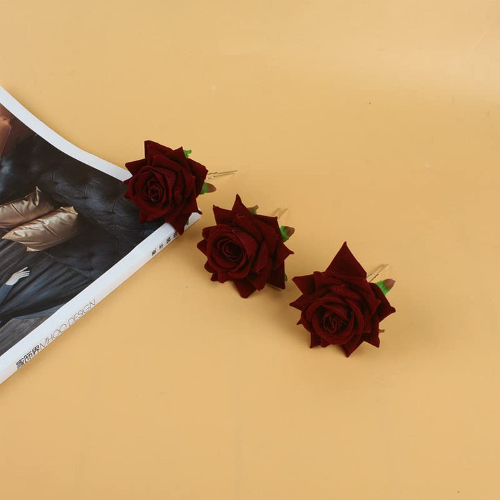 Rose Hair Clip Flowers Bobby Pins for Women Rose Flower Hairpin Hair Clips for Women Girls Burgundy Hair Accessories for Wedding Rose Clips for Bride