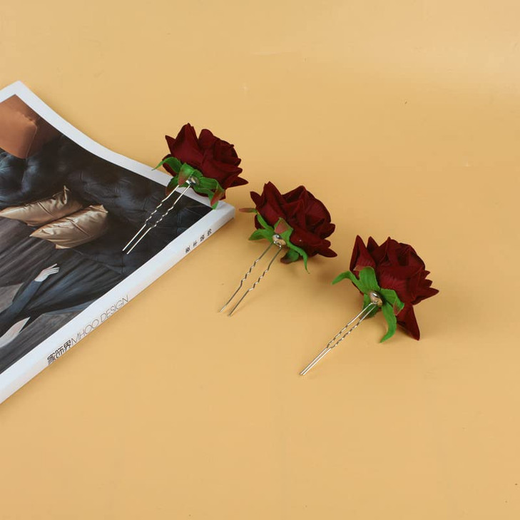 Rose Hair Clip Flowers Bobby Pins for Women Rose Flower Hairpin Hair Clips for Women Girls Burgundy Hair Accessories for Wedding Rose Clips for Bride