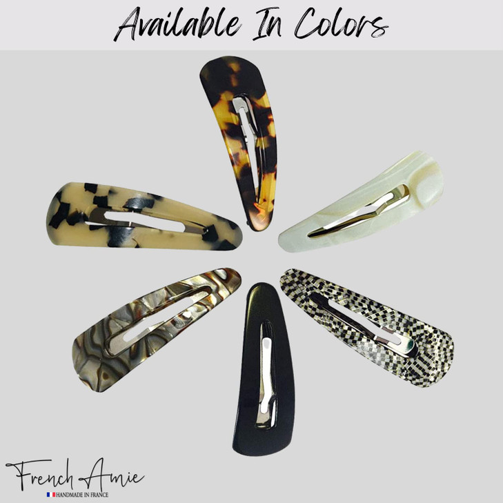 French Amie Clic Clac Pair of Large Black Handmade Cellulose Snap Hair Pin Clip