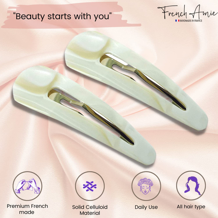 French Amie Clic Clac Ivory Large 2 3/4" Cellulose Handmade in France Set of 2 Snap Hair Pin Clips for Women and Girls
