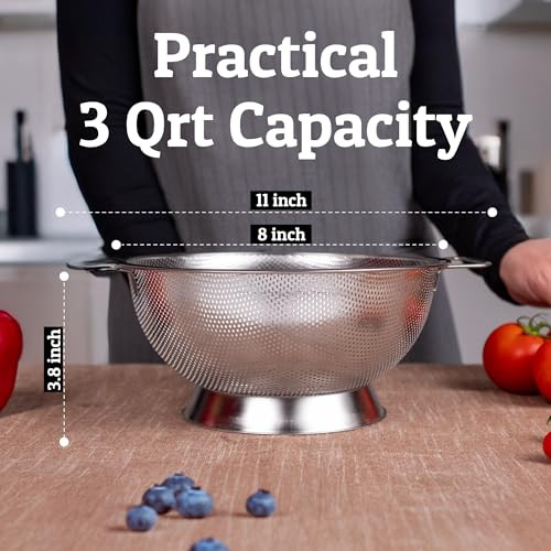 PriorityChef Premium Stainless Steel Colander for Kitchen, Durable Rice and Pasta Strainer with Handle, Rust-Resistant & Dishwasher Safe, 3 Qt