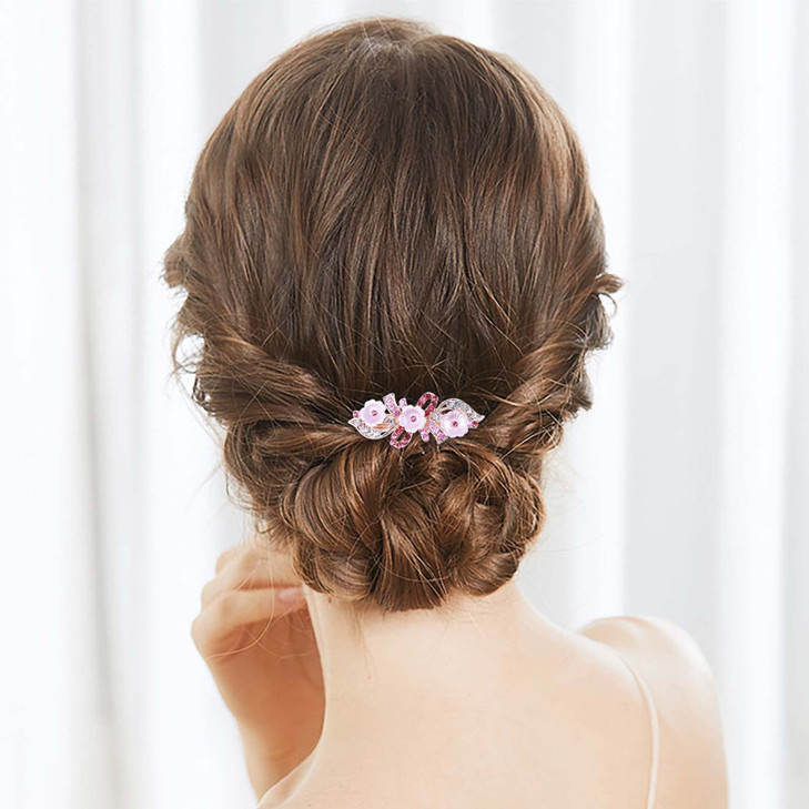 YienDoo Fancy Bridal Rhinestone Hair Clip Pin Barrette Pink Flower Bow Crystal Hairpins Barrette Sparkly Glitter Wedding Headwear Crystal Hair Clip H