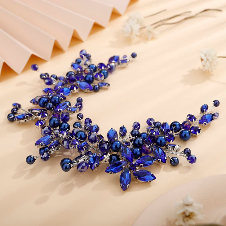Teyglen Dainty Flower Blue Rhinestones Crystal Headband Bride Wedding Pearls Headband Hair Vine Luxurious Hair Accessories Shiny Bridal Headpieces fo