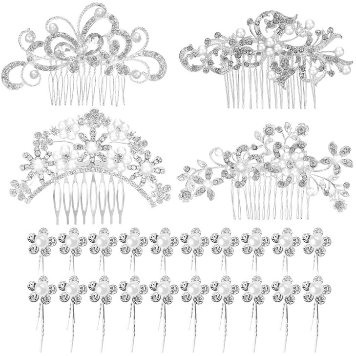 24 Pieces Wedding Hair Comb Rhinestone Hair Pins Bridal Pearl Hair Clips Side Hair Accessories U Shaped Pearl Hair Pins for Brides Bridesmaids