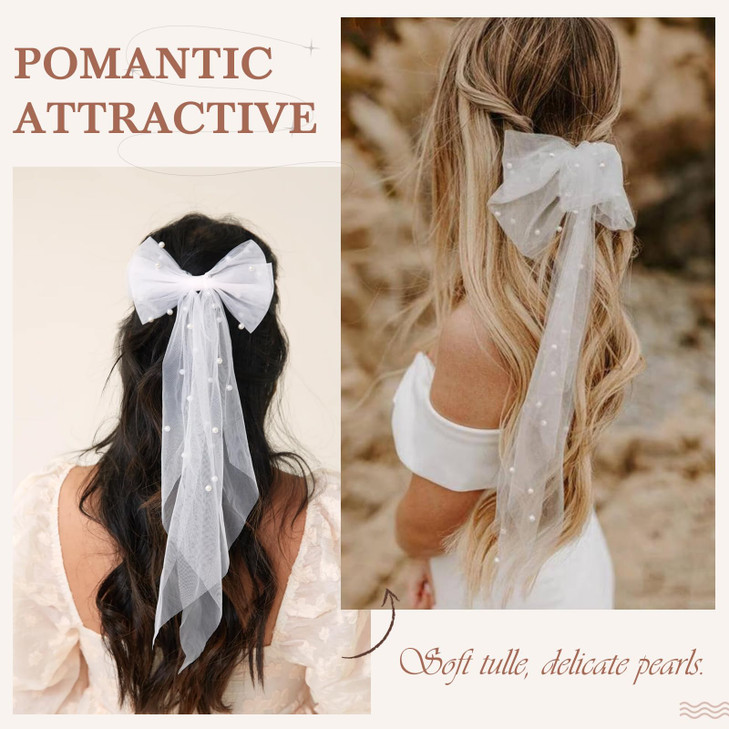 Bridal Hair Bow Veil for Bachelorette Party White Hair Bow Bride to Be Bridal Shower Gift Bridesmaid Favors with Barrette (White pearls)