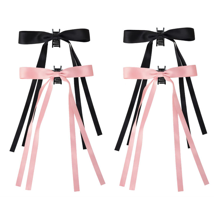 4 PCS Hair Bow Clips, Tassel Ribbon Bowknot Hair Clips with Long Tail, Ballet Style Solid Hair Barrettes Bow, Ponytail Holder Alligator Claw Bow Hair